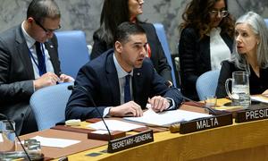 Foreign Minister Ian Borg of Malta addresses the UN Security Council meeting on the situation in the Middle East, including the Palestinian question.